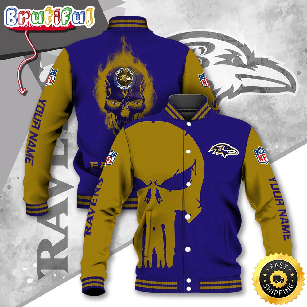 NFL Baltimore Ravens Baseball Jacket Skull Print Jacket